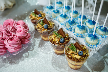 Beautifully decorated sweet buffet table on which cakes, muffins, marshmallows, pecans. Dessert table for a party, goodies for the wedding. Close up. Candy bar. A buffet for a wedding