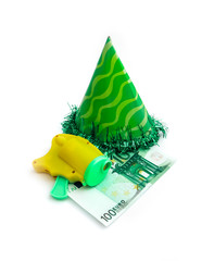 Green party cap, isolated on white background. A yellow party popper, confetti bullet gun. Holiday...