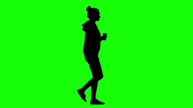 Young Woman Walking and Drinking Coffee Green Screen Silhouette