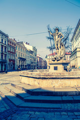 Neptune Monument in Lviv. Central Market Square in Lviv. © liyavihola