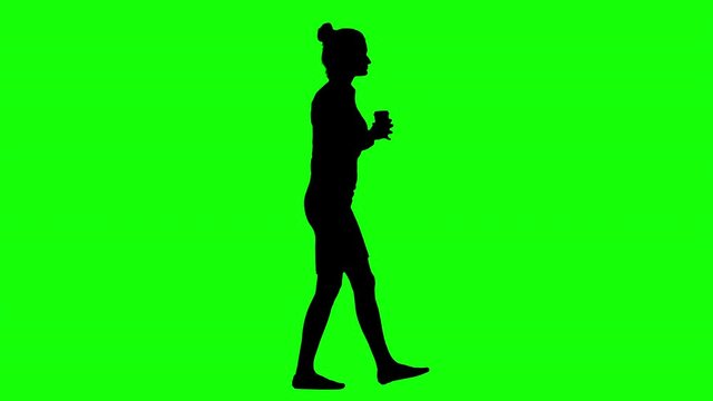 Confident Businesswoman Walking and Drinking Coffee Green Screen Silhouette