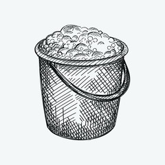 Hand-drawn sketch of bucket of soapy water on a white background. Cleaning equipment. Housekeeping and house work. 