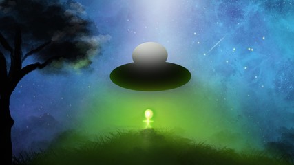 Illustration of UFO dark night sky.