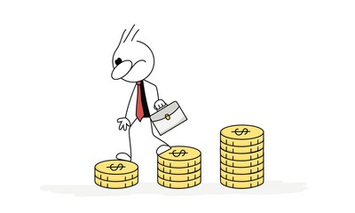 Vector stickman goes down the stairs of coins.