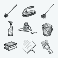 Hand-drawn sketch set of Cleaning equipment. Housekeeping and house work. Butterfly Floor Mop, Glass Window Wiper, rag and glove, Sprayer, professional sponge, cleaning brush, toilet brush  - 345306561