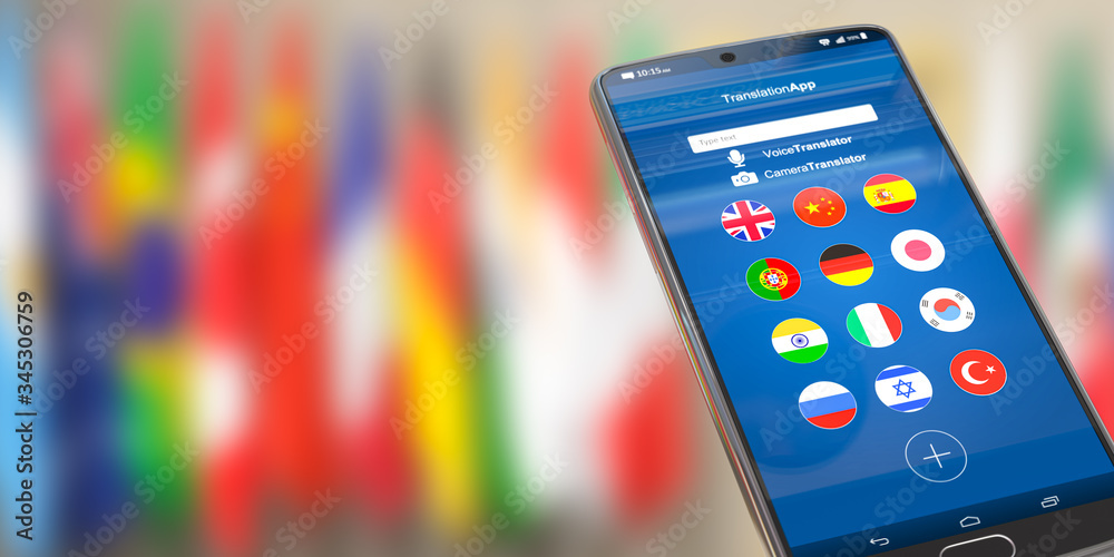 Poster Foreign languages translation or learning languages online. Mobile phone or smartphone with dictionary app on the screen.