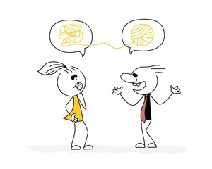 Girl and boy are talking. Mess in the head. Vector stickman cartoon character illustration.