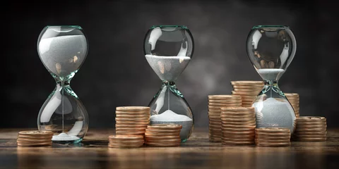 Fotobehang Golden coins and hourglass clock. Return on investment, deposit, growth of income and savings, time is money concept. Business success. 3d illustration © Maksym Yemelyanov