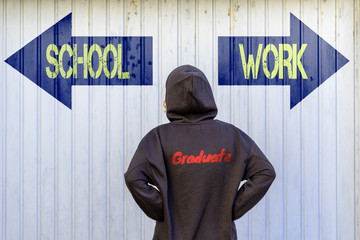Junge Frau vor zwei blauen Wegweisern auf einem Tor mit der gelben Schrift SCHOOL und WORK