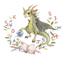 Cute dragon in a school garden with a book. Hand painted watercolor illustration. 