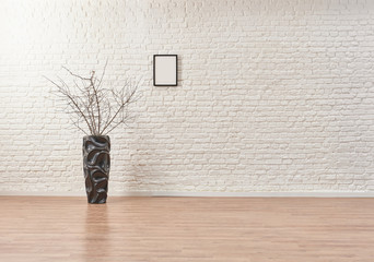Fototapeta na wymiar White brick wall and grey bookshelf vase of plant black concept.