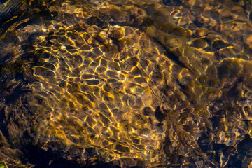 Klares Wasser einer sprudelnden Quelle mit sauberem Wasser und klarer Bach mit seidigen Wellen für Entspannung und Meditation zeigen schöne Reflexionen auf der Wasseroberfläche mit unberührter Natur