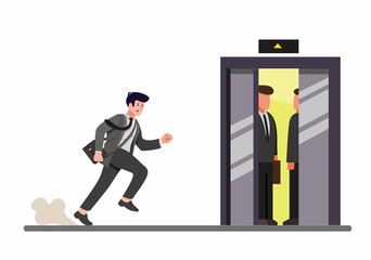 hurried businessman running to inside elevator, office worker late for work in cartoon flat illustration vector