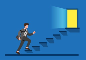 office worker climbing up stairs to exit door, business man finding way to escape cartoon flat illustration vector