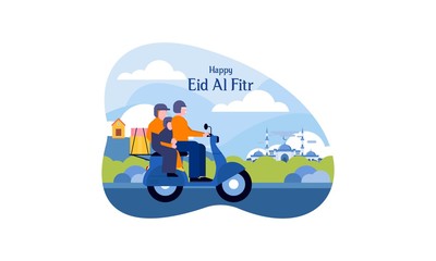 Fototapeta na wymiar Happy eid with Muslim family returning home riding a motorcycle illustration