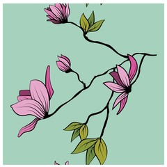 Beautiful japanese seamless pattern with pink magnolia on colorful background for decorative design. Seamless vector pattern