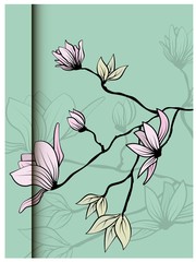 Vintage sketch closeup of pink magnolia branch with leaves on green background for decorative design. Vector romantic floral illustration. Spring background. Hand drawn illustration