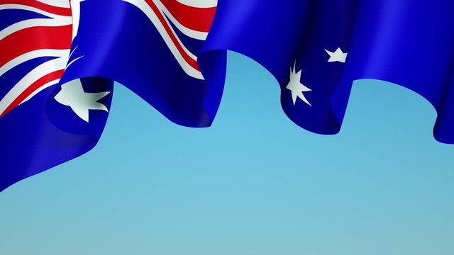 Australia waving flag on blue sky for banner design. Animated background - australia waving national flag. Festive patriotic design. Australian holidays. Seamless loop