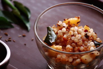 Tapioca-Sabudana Khichadi-A maharashtrian dish made with tapioca, green chillies ,ground peanuts ,eaten during fasting on religious occassions 