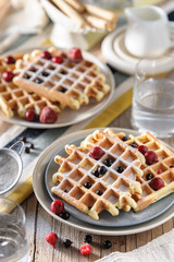Belgian, french waffles for breakfast. Berry Dessert Serving