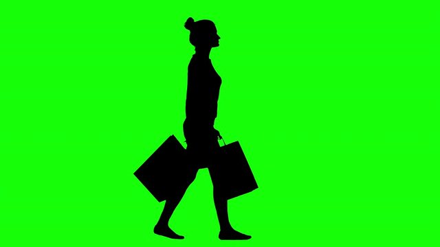 Woman Walks Back From Shopping With Paper Bags Green Screen Silhouette