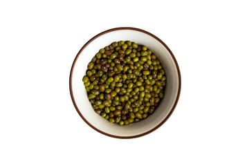 Green mung beans in bowl isolated on white background