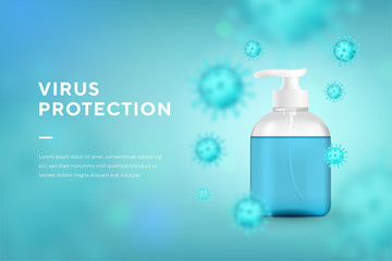 Realistic hand sanitizer 3d realistic container, hand wash gel with pump and virus background. Details liquid cosmetics tube with soap concept marketing for banner and website, landing page template