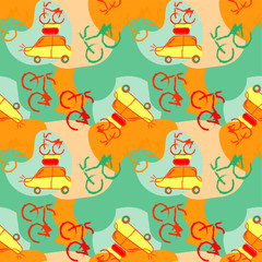 Vector seamless childish pattern. Cars and bicycles on colorful background. hand drawn style.