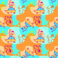 Colorful cars and bycicles on colored background. Vector seamless childish pattern. Waves and cars.