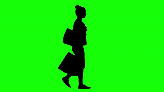 Woman Walking Back From Shopping Holding a Paper Bag Green Screen Silhouette