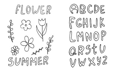 Hand drawn letters ABC isolated on white background. Hand drawn font font, funky and grunge alphabet, vector illustration graphic. Spring illustration
