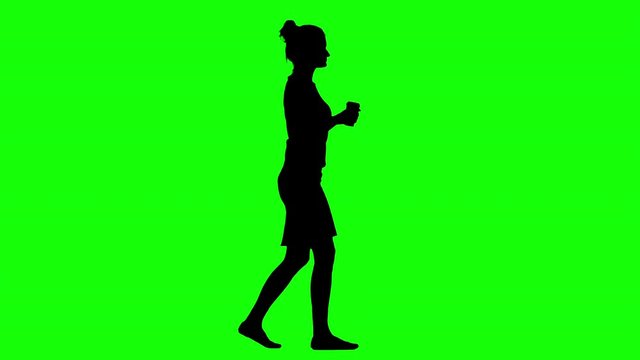 Businesswoman Walking and Drinking Coffee Green Screen Silhouette