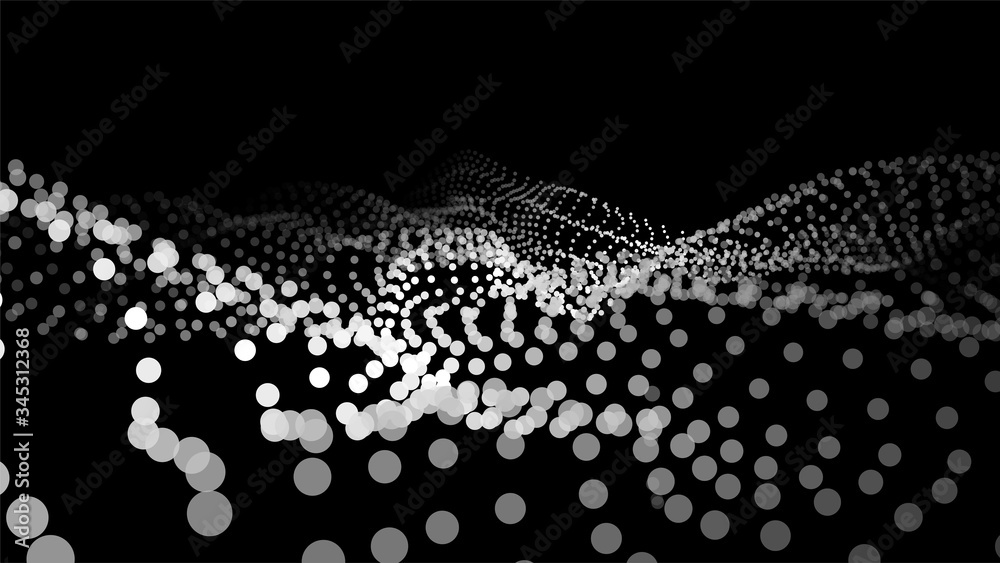 Poster Dynamic particles wave. White dots on black background. Digital landscape. Vector illustration.Big data visualization 3D.