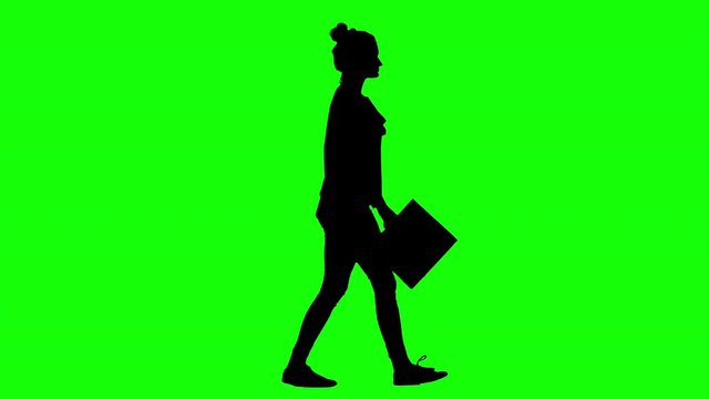 Female Office Employee Walking With a Documents Binder Green Screen Silhouette