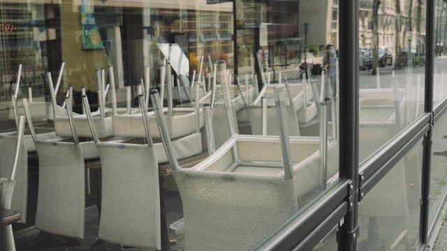 Paris, France - 03 20 2020: closed cafe terrace in Paris france, during coronavirus / covid-19 lockdown