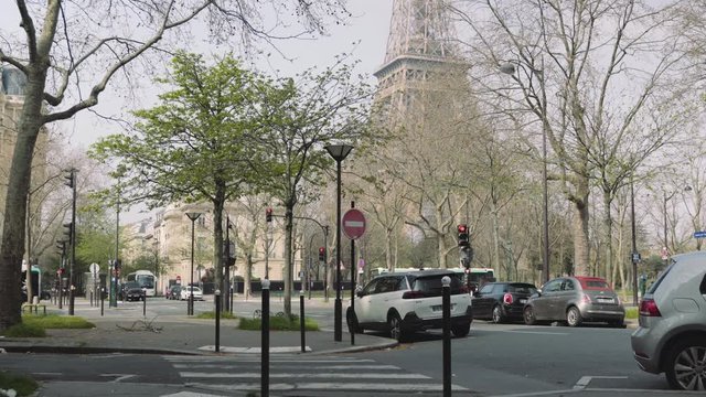 Paris, France / 04 13 2020 : Empty street near eiffel tower in Paris france, during coronavirus / covid-19 lockdown 4K