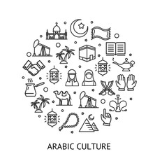 Arab Islamic Sign Round Design Template Black Thin Line Icon Banner. Vector