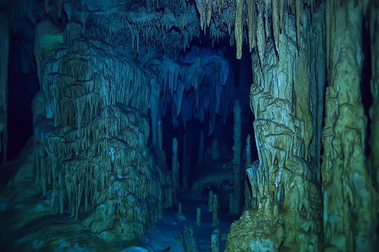 underwater cave stalactites landscape, cave diving, yucatan mexico, view in cenote under water