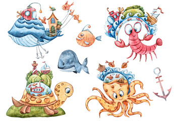 Watercolor nautical set. Hand painted cartoon characters clipart: fish, whale, octopus, crab, submarine, lighthouse. Isolated objects on white background. Perfect for pattern, kid's room poster, book