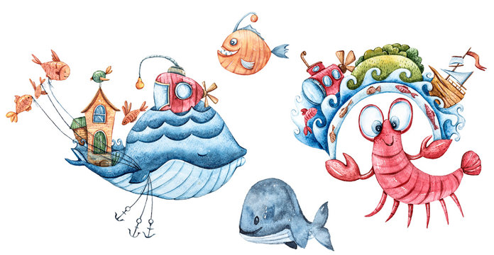 Watercolor nautical set. Hand painted cartoon characters clipart: fish, whales, crab, submarine, lighthouse. Isolated objects on white background. Perfect for pattern, kid's room poster, baby book