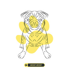 Pug vector line art illustration, isolated on white, with yellow dog paw