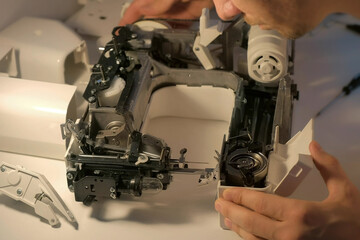 Repairman master is testing disassembles sewing machine in workshop repairing it sitting at table,...