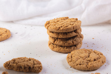 Breakfast with cookies and milk. White background