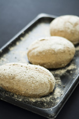 Rustic Bread and crumbs on baking tray