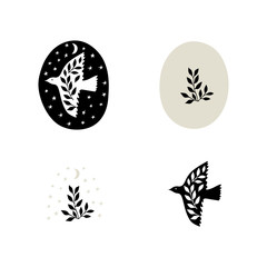 Set of hand drawn logos with flying bird and floral elements.