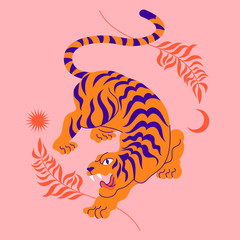 Vector card with chinese tiger in boho asian style. Beautiful animal print design. For fabric, wall art, interior design, social media post, packaging. Floral branch, crescent moon, star, magic. 