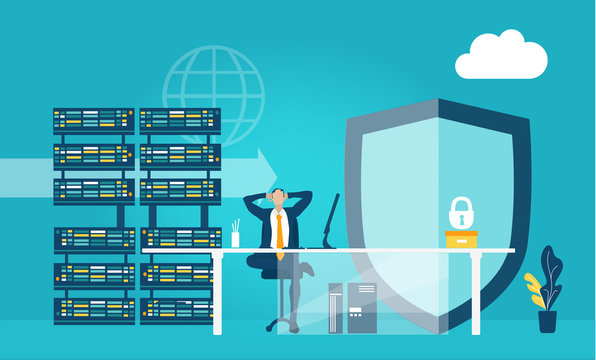 Successful businessman in the server room. Technical Controller working at His workstation, engineer, team leader, looking after the data, controlling supporting internet security, analysing system