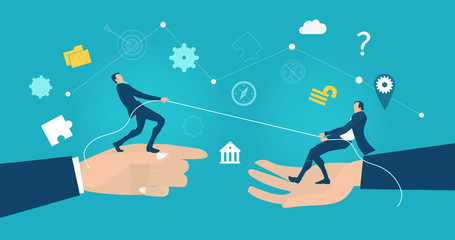 Business people tug of war, pulling the rope in order to prove who is stronger. Business concept illustration 
