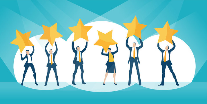Group of business people, team holding golden stars up as symbol of success 