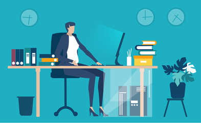 Boss works by the desk. Business concept illustration,. Control, support, help and finding solution. 